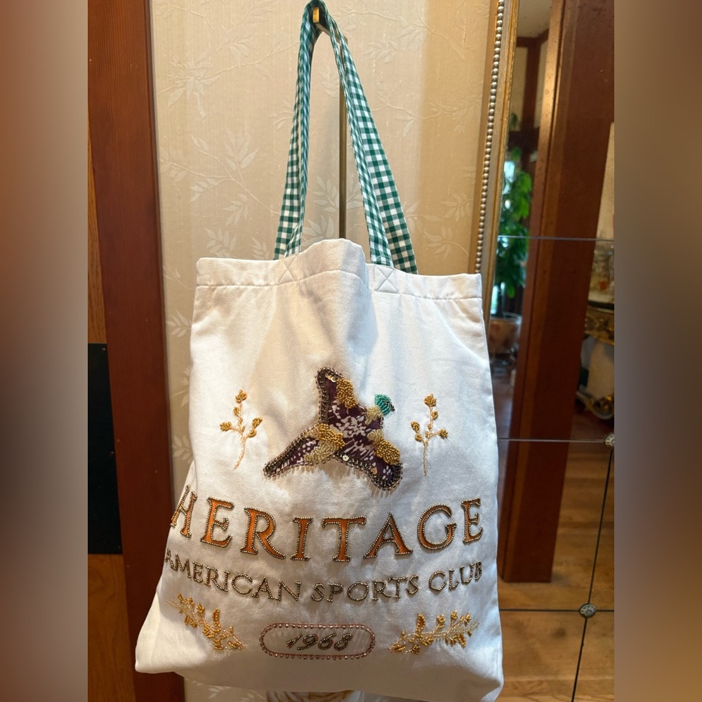 Anthropologie Printed Beaded Duck Canvas Tote Bag by Mauve